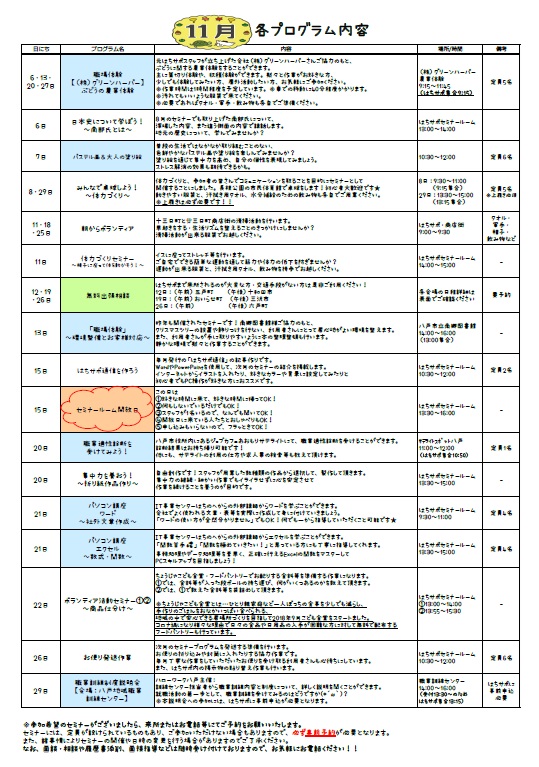 はちのへ若者サポートステーション 2024年11月 各プログラム内容