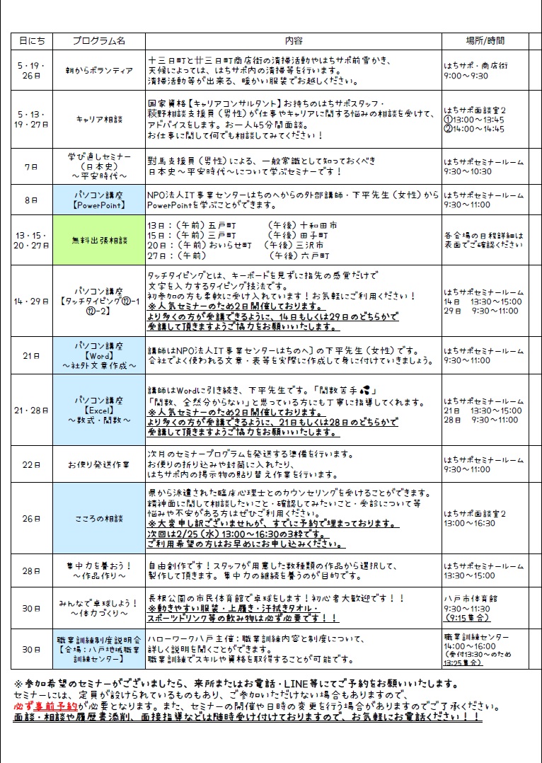はちのへ若者サポートステーション 2026年1月 各プログラム内容